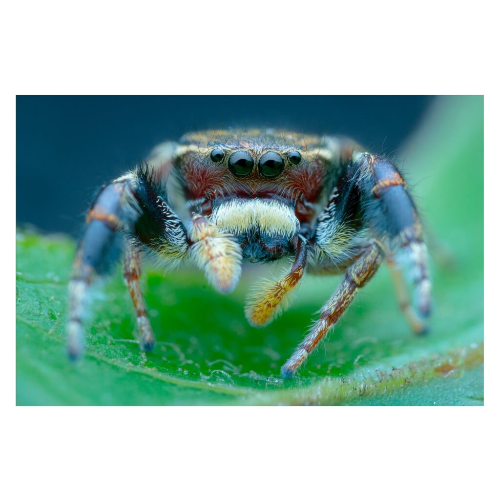 A close-up of a jumping spider resting on a green leaf.
